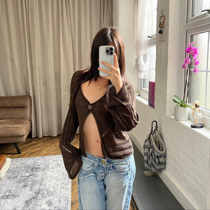 cassis brown knit slouchy long sleeve cardigan