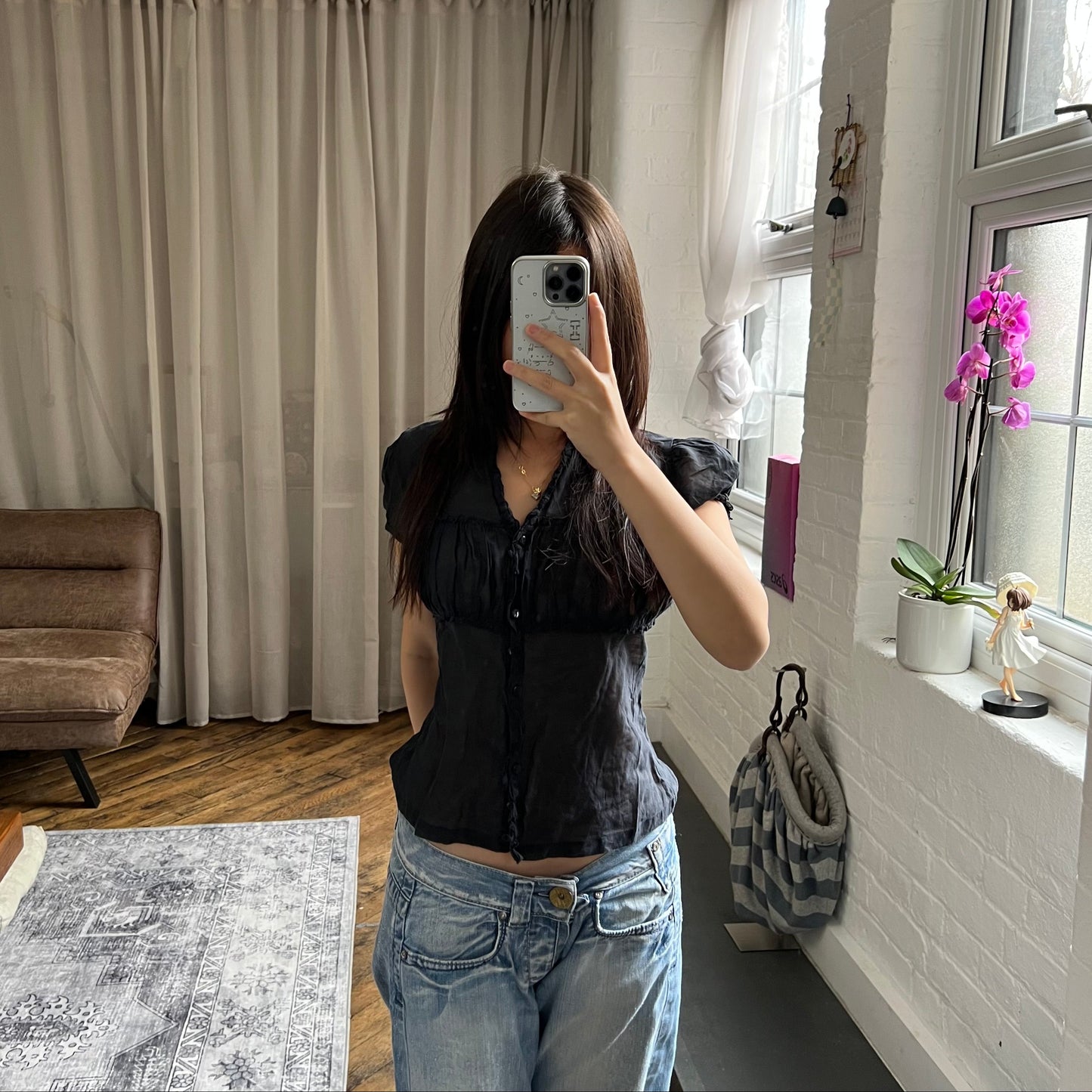 naracamicie black balletcore dark academia cap sleeve ruched bust sheer blouse