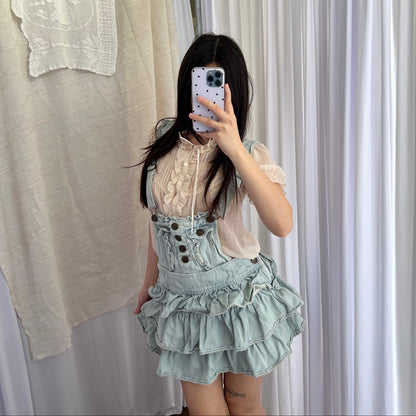 Coquette Liz Lisa Light Wash Denim Blue Ruffle Tiered Pinafore Dress