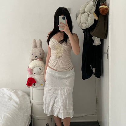 vintage linen blend white cottage prairie ruffle detail midi skirt