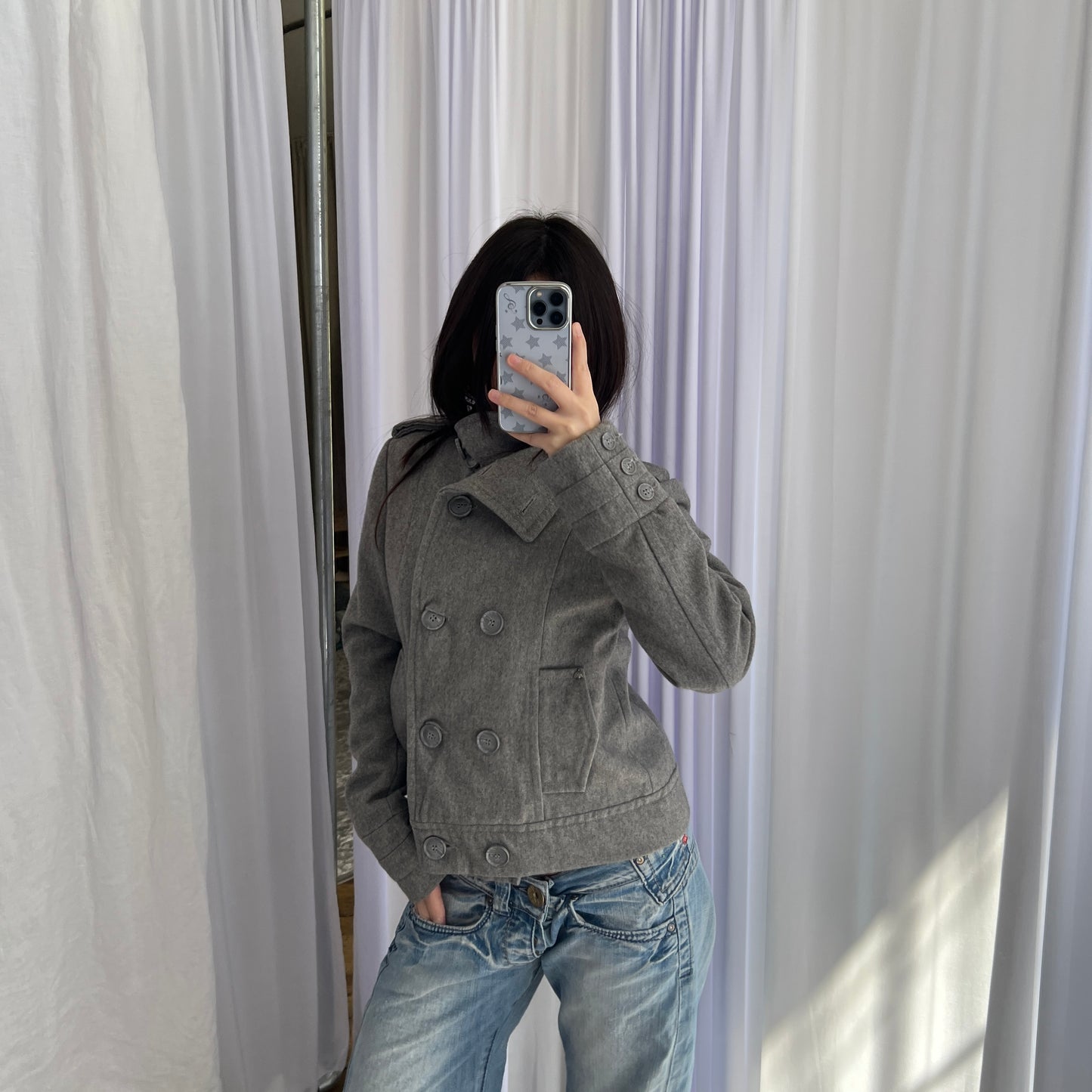 Vintage Bizzbee Grey Funnel Collar High Neck Double Breasted Bombed Pea Coat