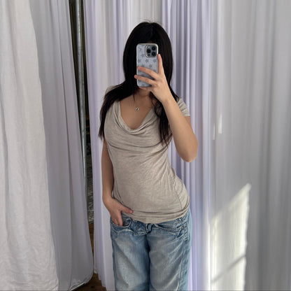 Camaieu Beige Speckled Draped Short Sleeve Blouse Top