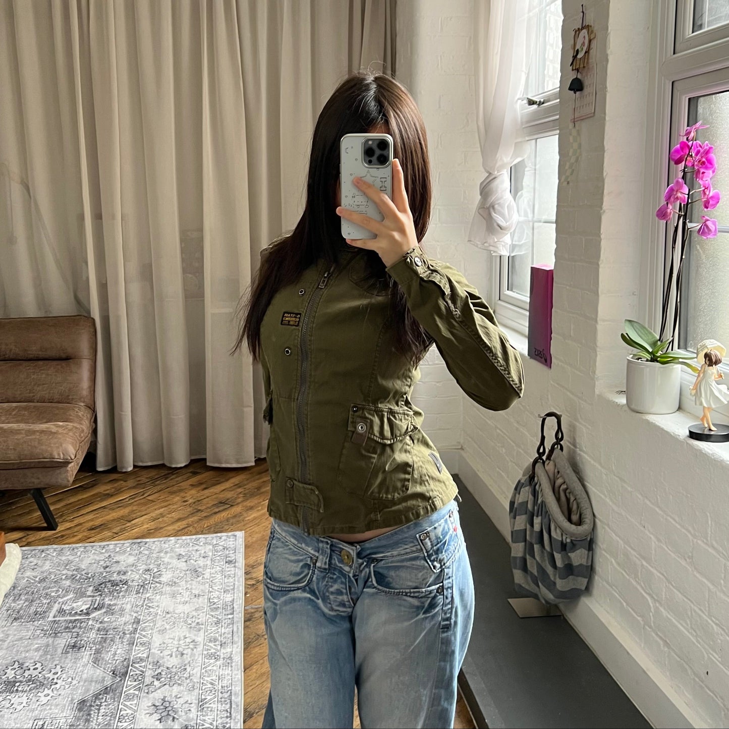 dark khaki g-star raw long sleeve utility style neck buckle jacket