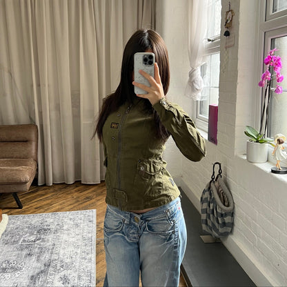 dark khaki g-star raw long sleeve utility style neck buckle jacket