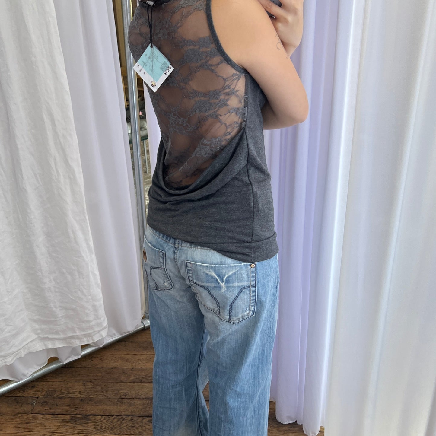 Cache Cache Grey Lace Back Draped Cowl Neck Sleeveless Top