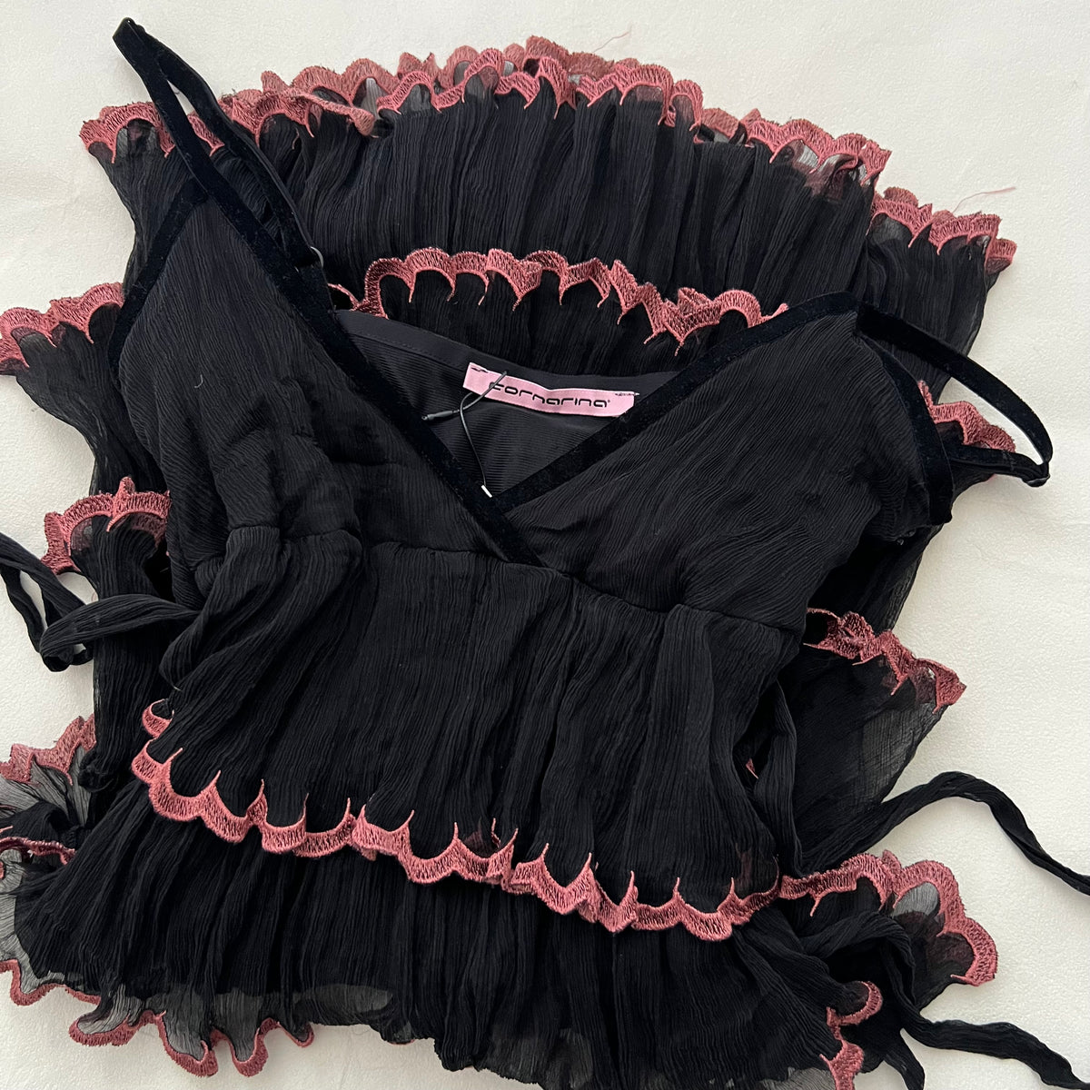 Black Silk Mauve Pink Trim Ruffle Tiered Mini Dress