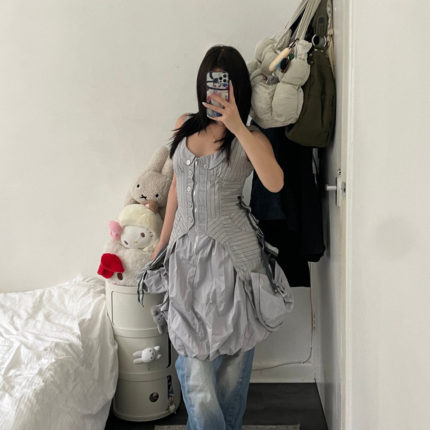 fq2 archival grey bubble hem utility pocket zip striped midi dress