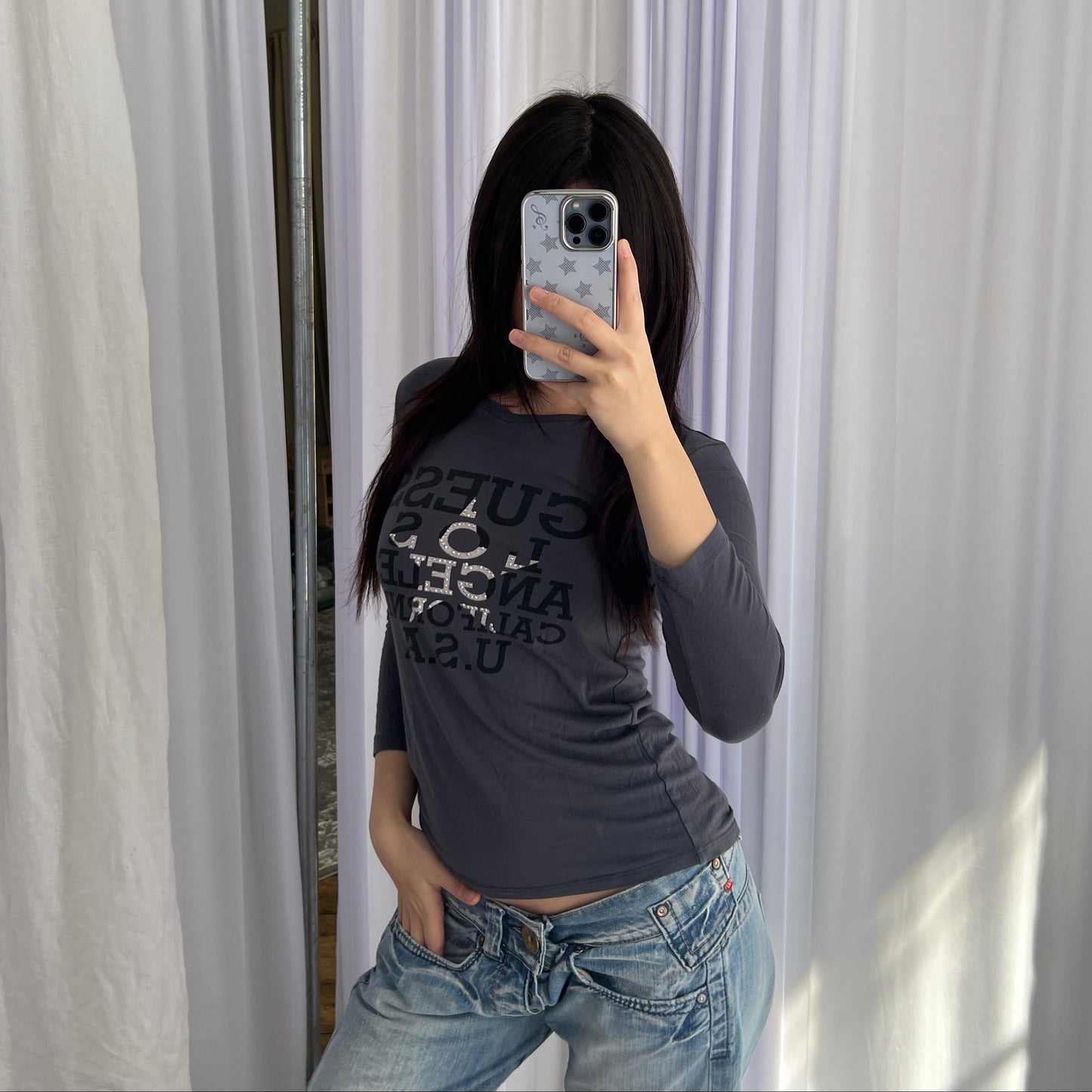 Grey Blue Guess Star Graphic 3/4 Sleeve Fitted Shirt