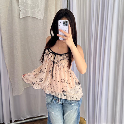 Ivory Peach Black Coquette Ornate Frame Graphic Frill Ribbon Flared Camisole