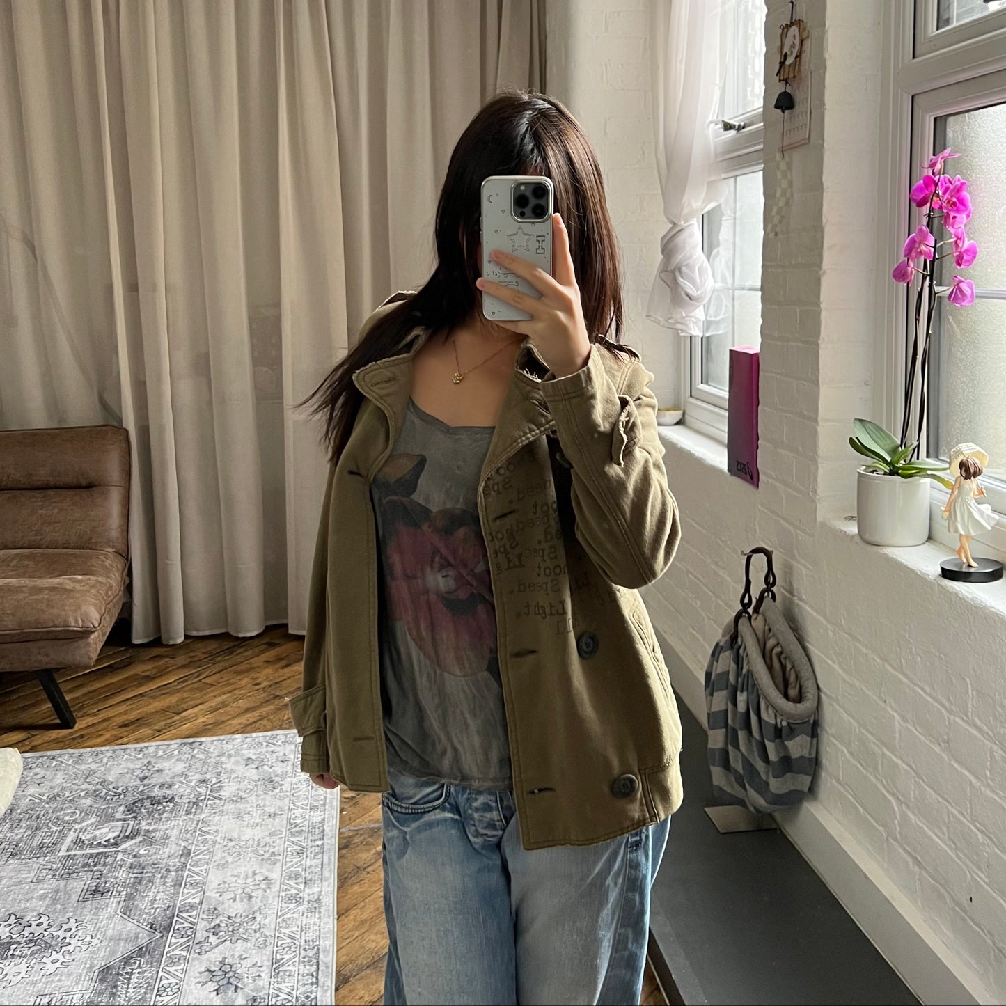 hysterics khaki corpcore asymmetric button faded text graphic collared jacket