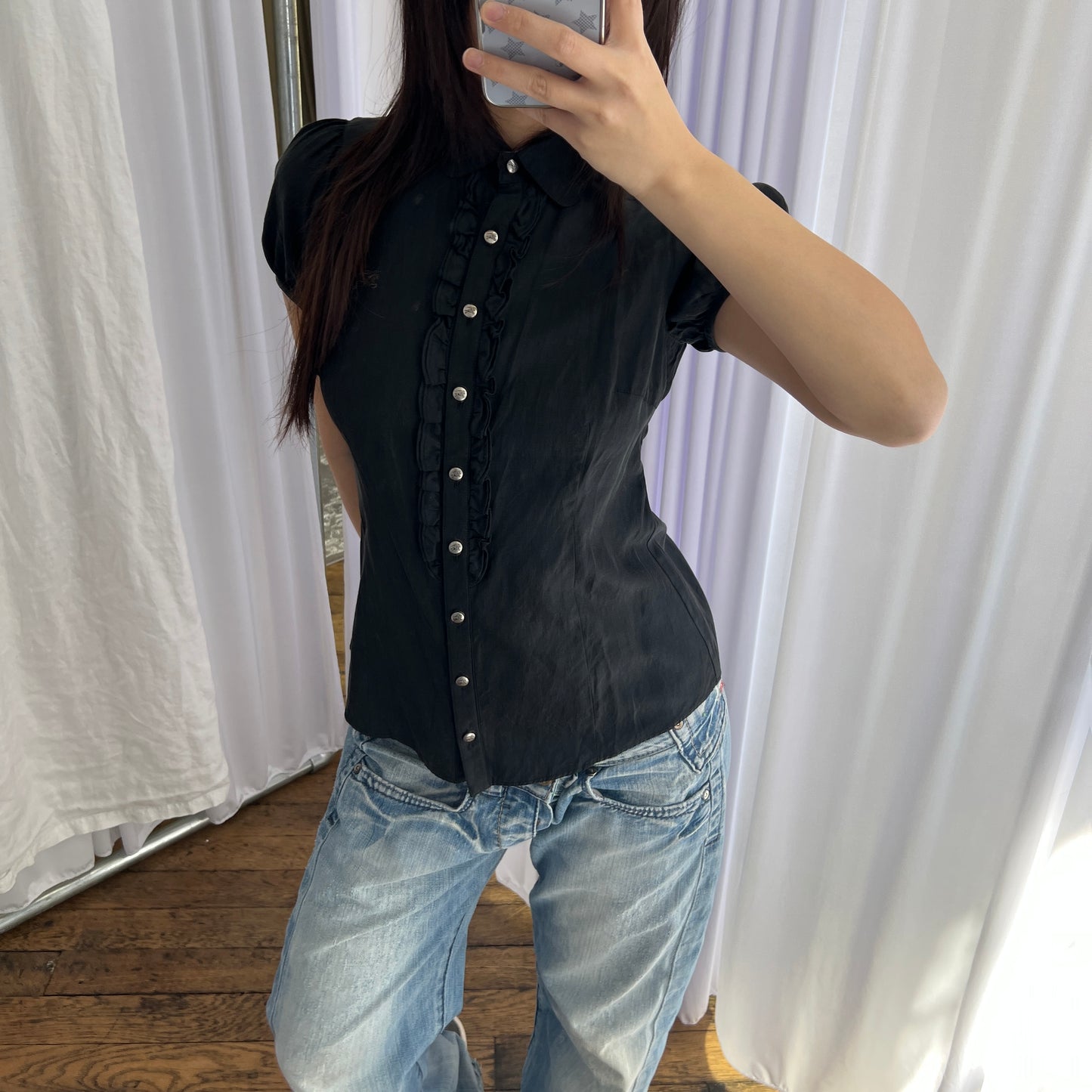 Black Burberry Blue Label Academia Puff Sleeve Ruffle Collar Blouson Top