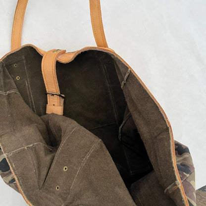 Vintage Harry Hanny Handmade Tan Brown Leather Camo Print Tote Bag