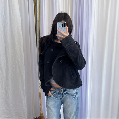 Fornarina Dark Grey Asymmetric Wrap Funnel Neck Double Breasted Crop Jacket