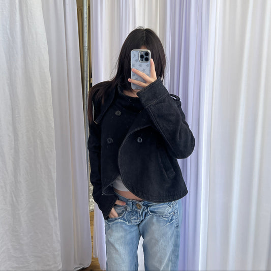 Fornarina Dark Grey Asymmetric Wrap Funnel Neck Double Breasted Crop Jacket