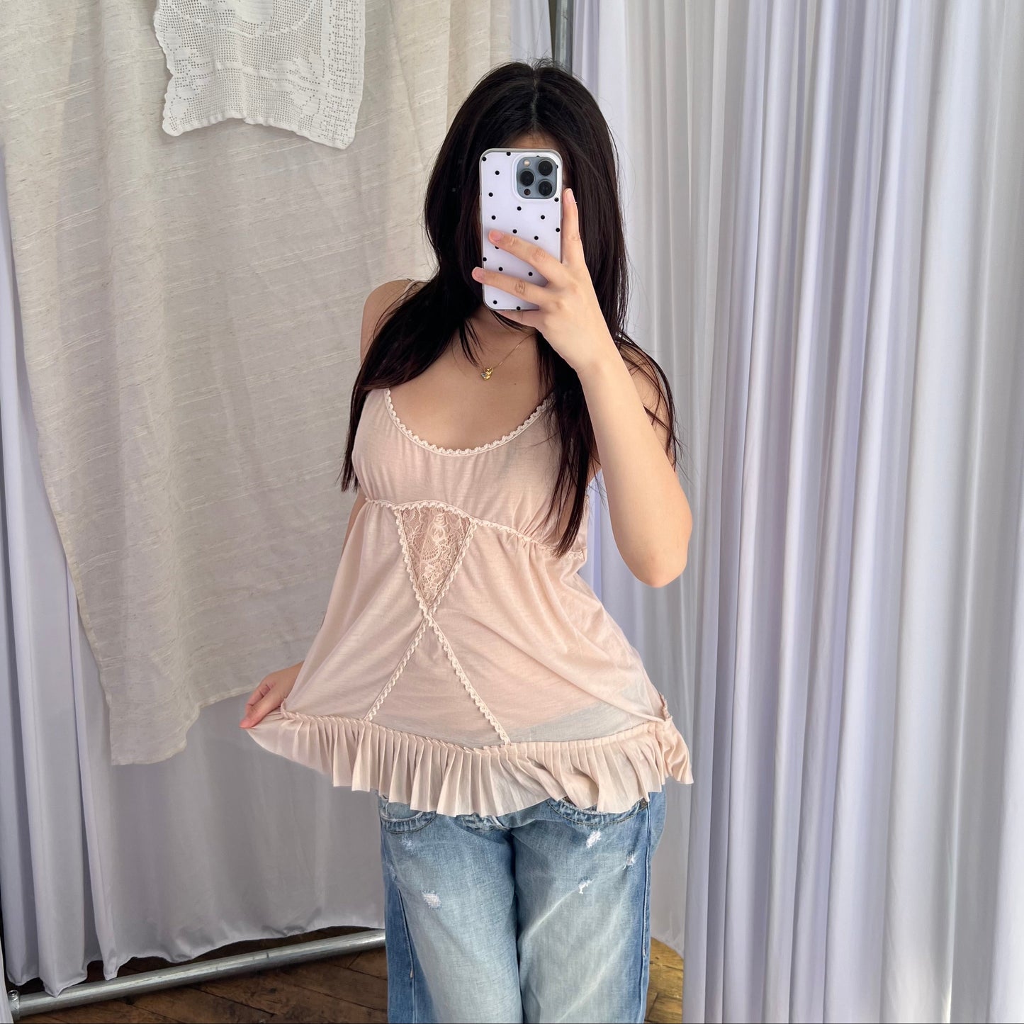 Kookai Ivory Pink Lace Picot Trim Pleated Babydoll Camisole