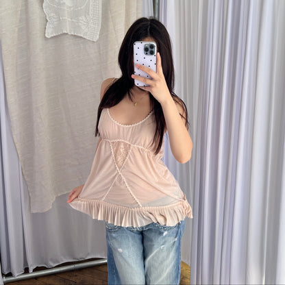 Kookai Ivory Pink Lace Picot Trim Pleated Babydoll Camisole