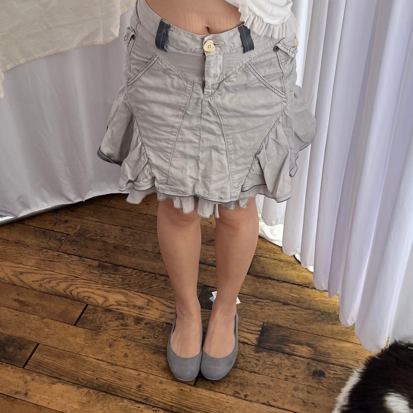 Marithe Francois Girbaud Stone Grey Mermaid Ruffle Flared Hem Midi Skirt