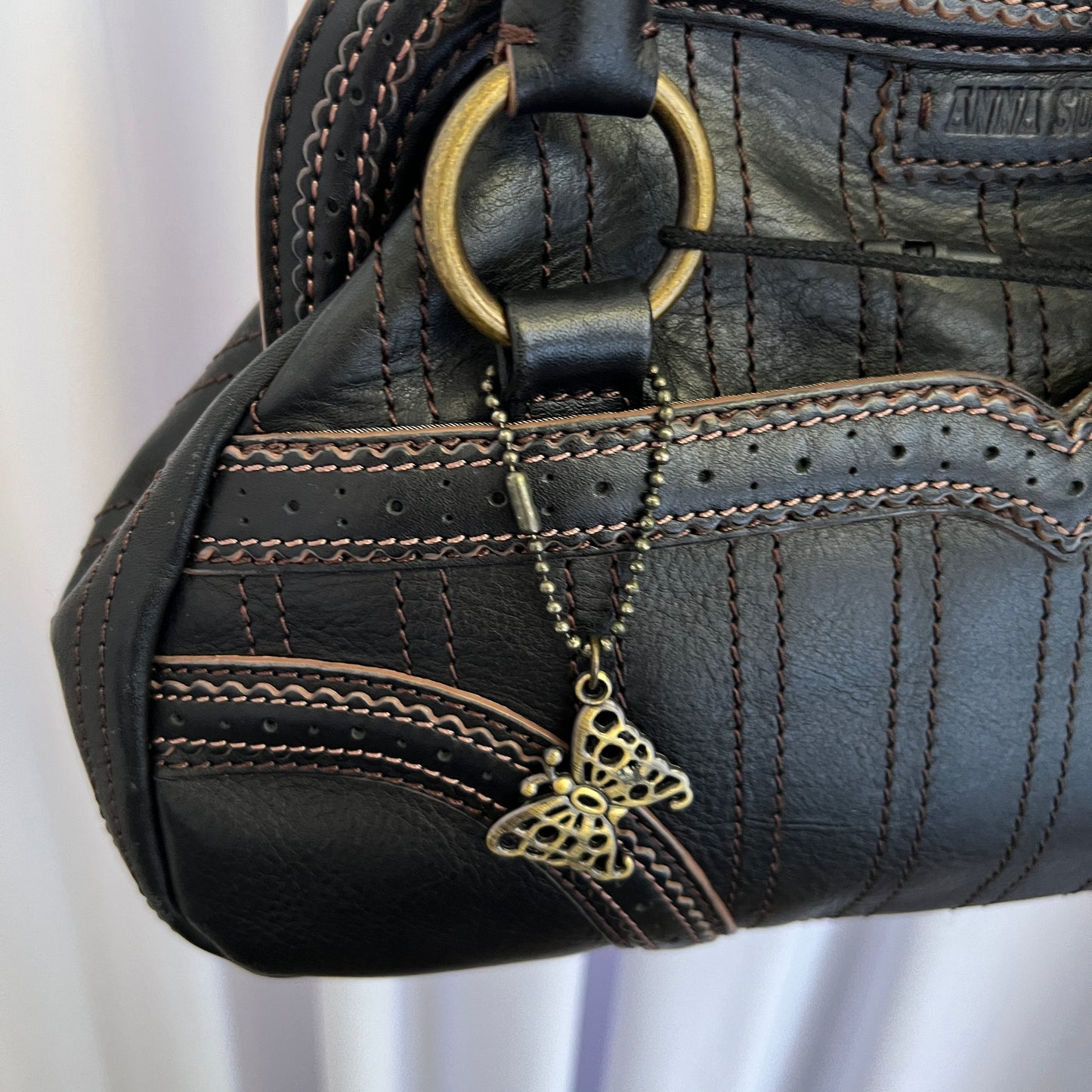 Anna Sui Black Leather Balletcore Panelled Pouch Shape Shoulder Bag