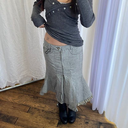 Grey Ddp Vintage Khaki Ruffle Flared Mermaid Hem Midi Skirt