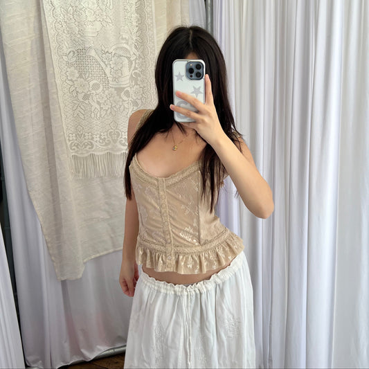 Silvian Heach Beige Embroidery Lace Romantic Ruffle Lace Up Trim Corset Top