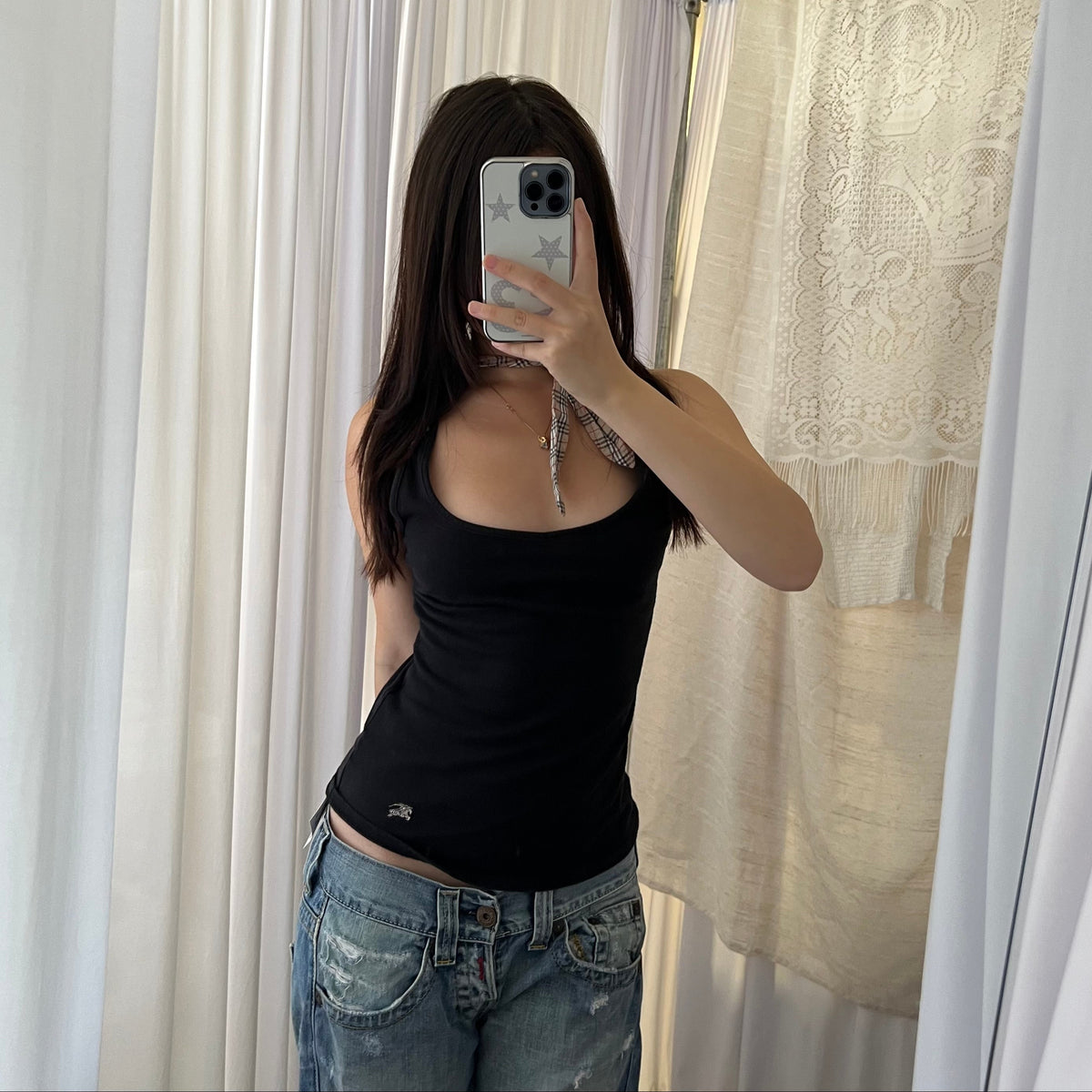 Black Burberry Blue Label Ruched Bust Halter Neck Ribbon Fitted Tank Top