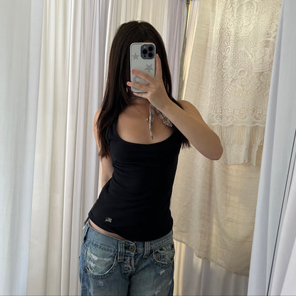 Black Burberry Blue Label Ruched Bust Halter Neck Ribbon Fitted Tank Top