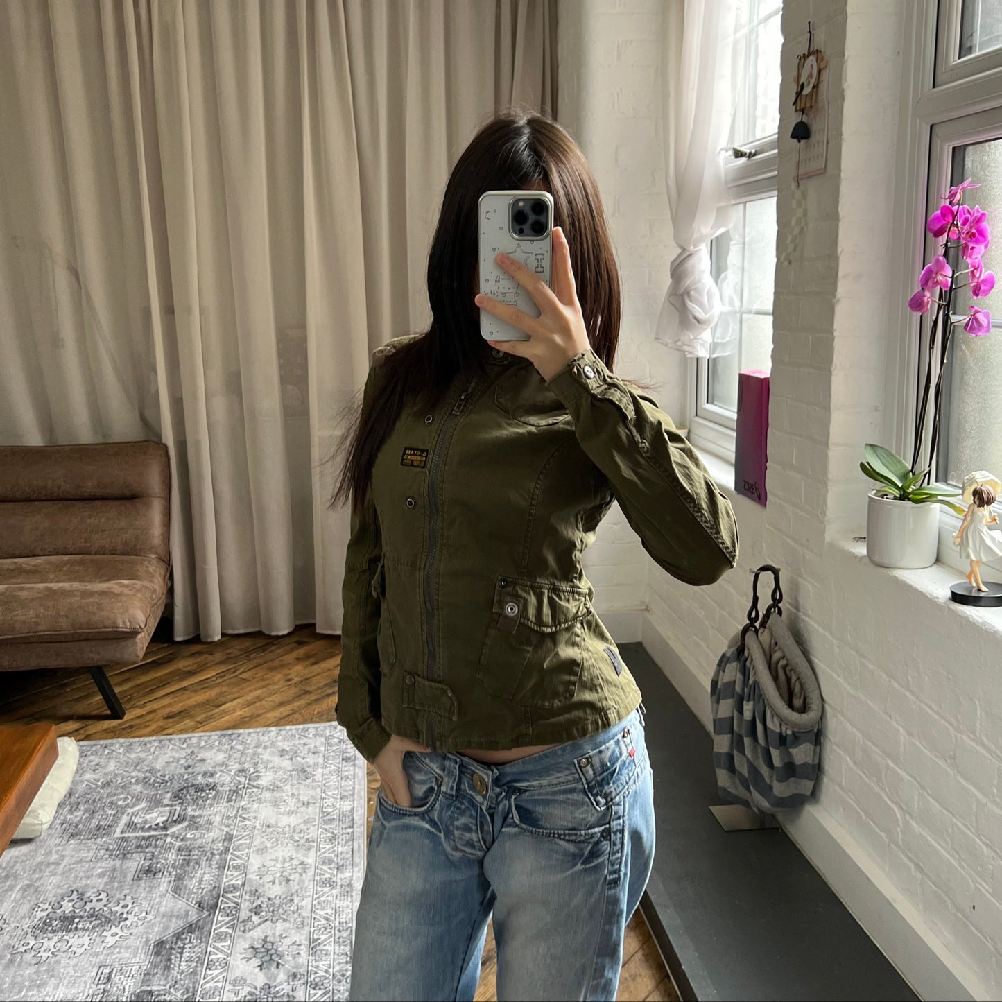 dark khaki g-star raw long sleeve utility style neck buckle jacket