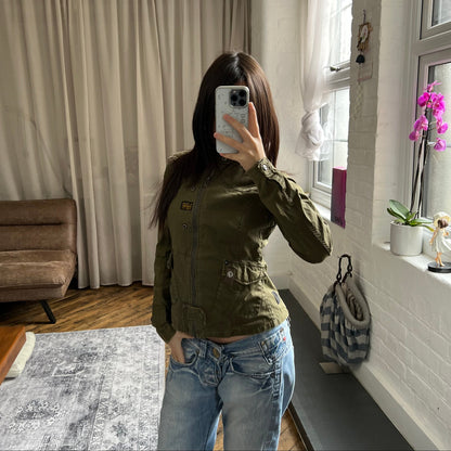 dark khaki g-star raw long sleeve utility style neck buckle jacket