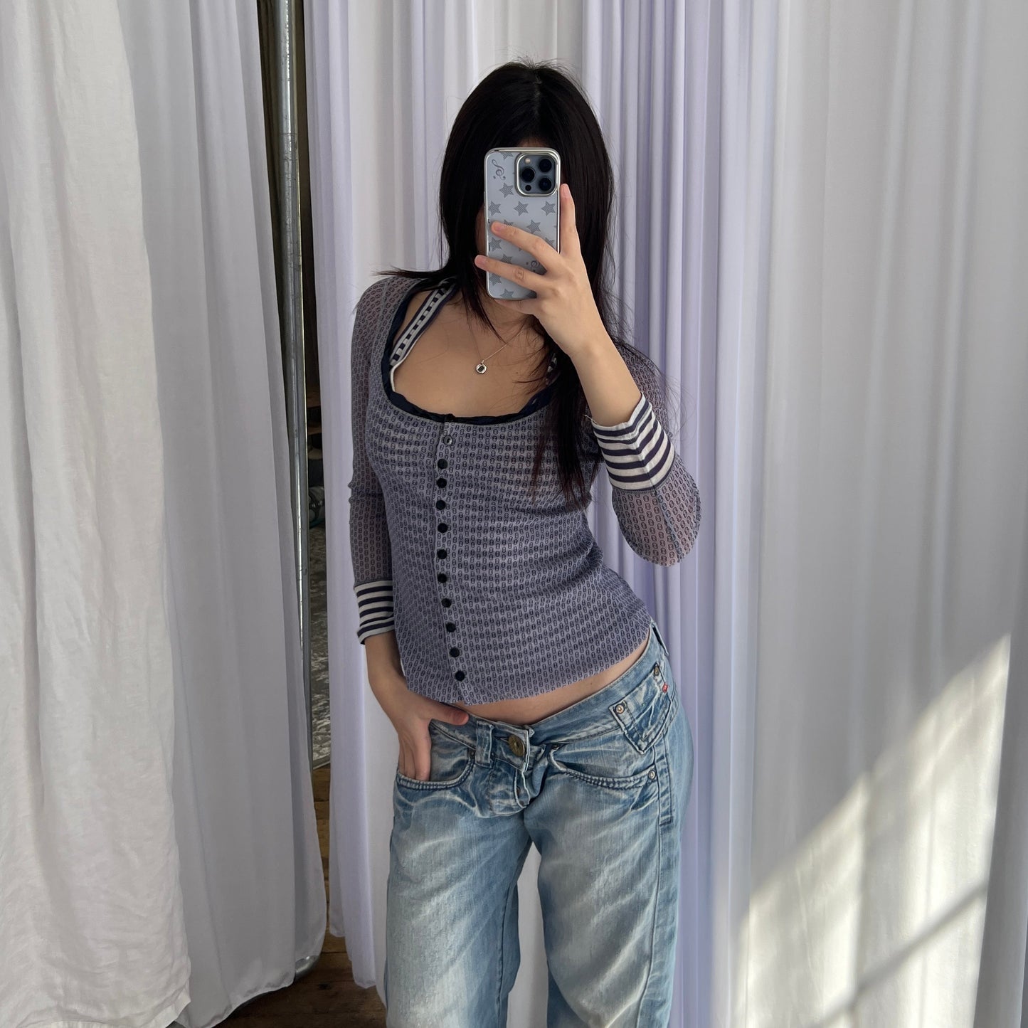 One Step Sheer Lavender Cardigan and Striped Vest Two in One Top