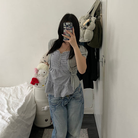 glam 2nd grey short sleeve faux layered cardigan striped babydoll top two in one