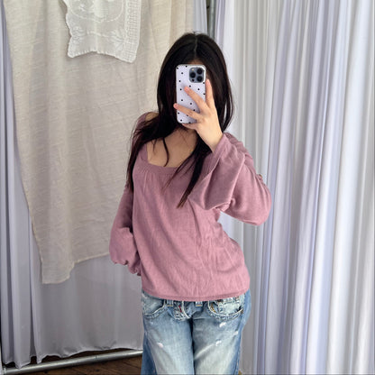 Les Petite Bombes Dusty Pink Square Neck Mother of Pearl Button Long Sleeve Knit Top