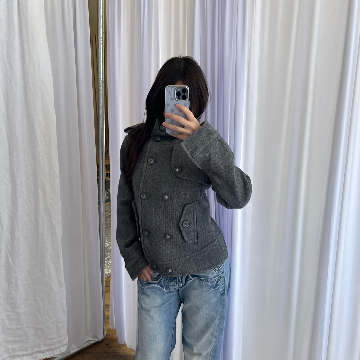 Vintage Speccio Grey Double Breasted Funnel Neck Button Accent Pea Coat