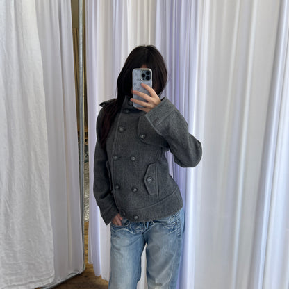 Vintage Speccio Grey Double Breasted Funnel Neck Button Accent Pea Coat