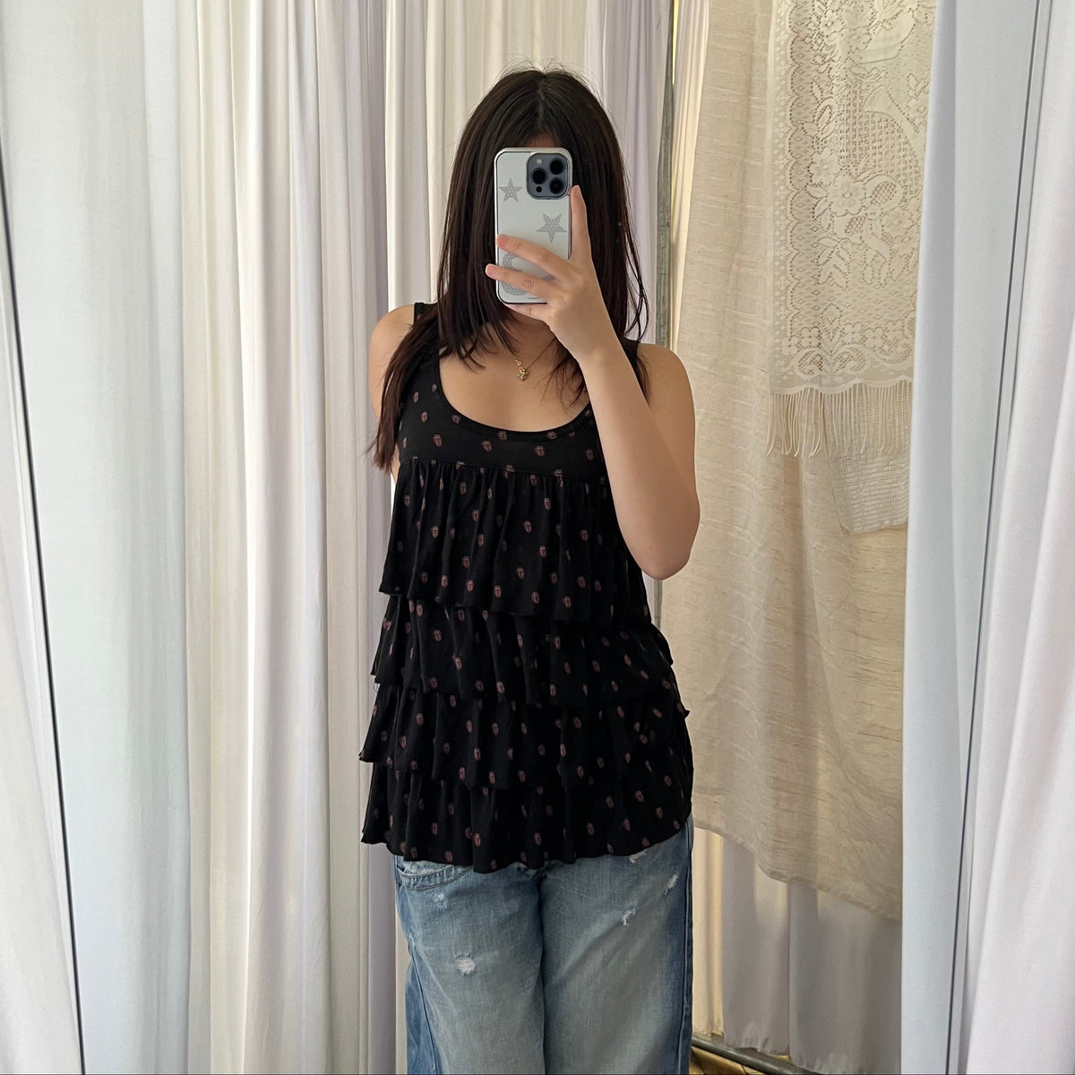 Hysteric Glamour Black Rolling Stones Tongue Motif Monograp Tiered Tunic Tank