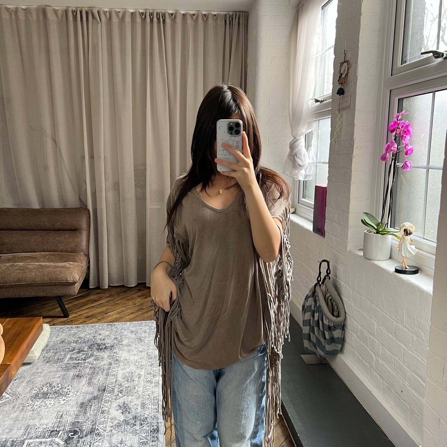 vintage goa taupe brown v neck fringe sleeve oversized shirt