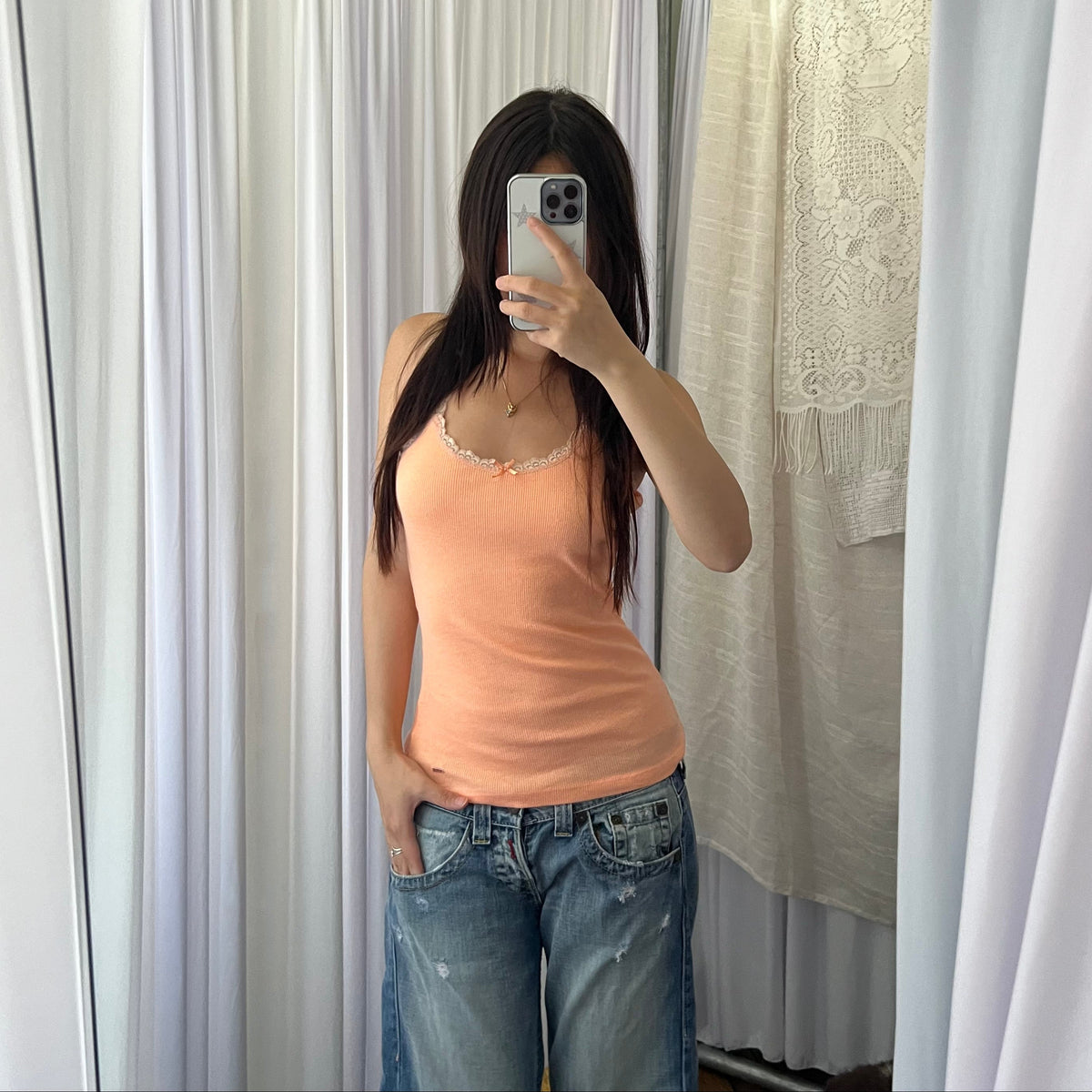 Pepe Jeans Peach Orange Lace Racer Back Tank Top