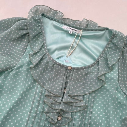 Prideglide Mint Green Ruffle Collar Pleated Polka Dot Blouson Top