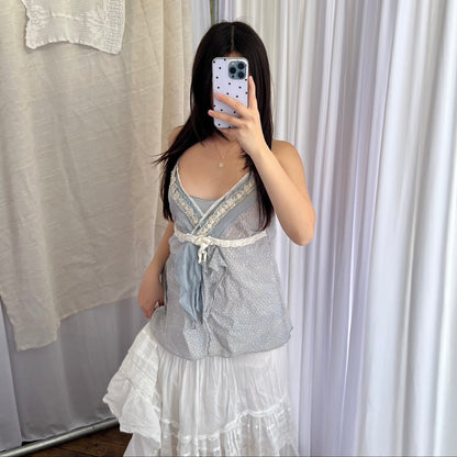 Esisto Cornflower Blue Beige Print Embroidery Lace Babydoll Camisole