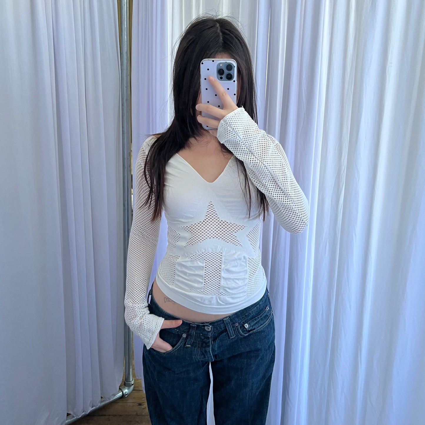 Vintage Replay White Star Mesh Long Sleeve Fitted Top