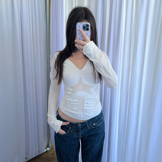 Vintage Replay White Star Mesh Long Sleeve Fitted Top