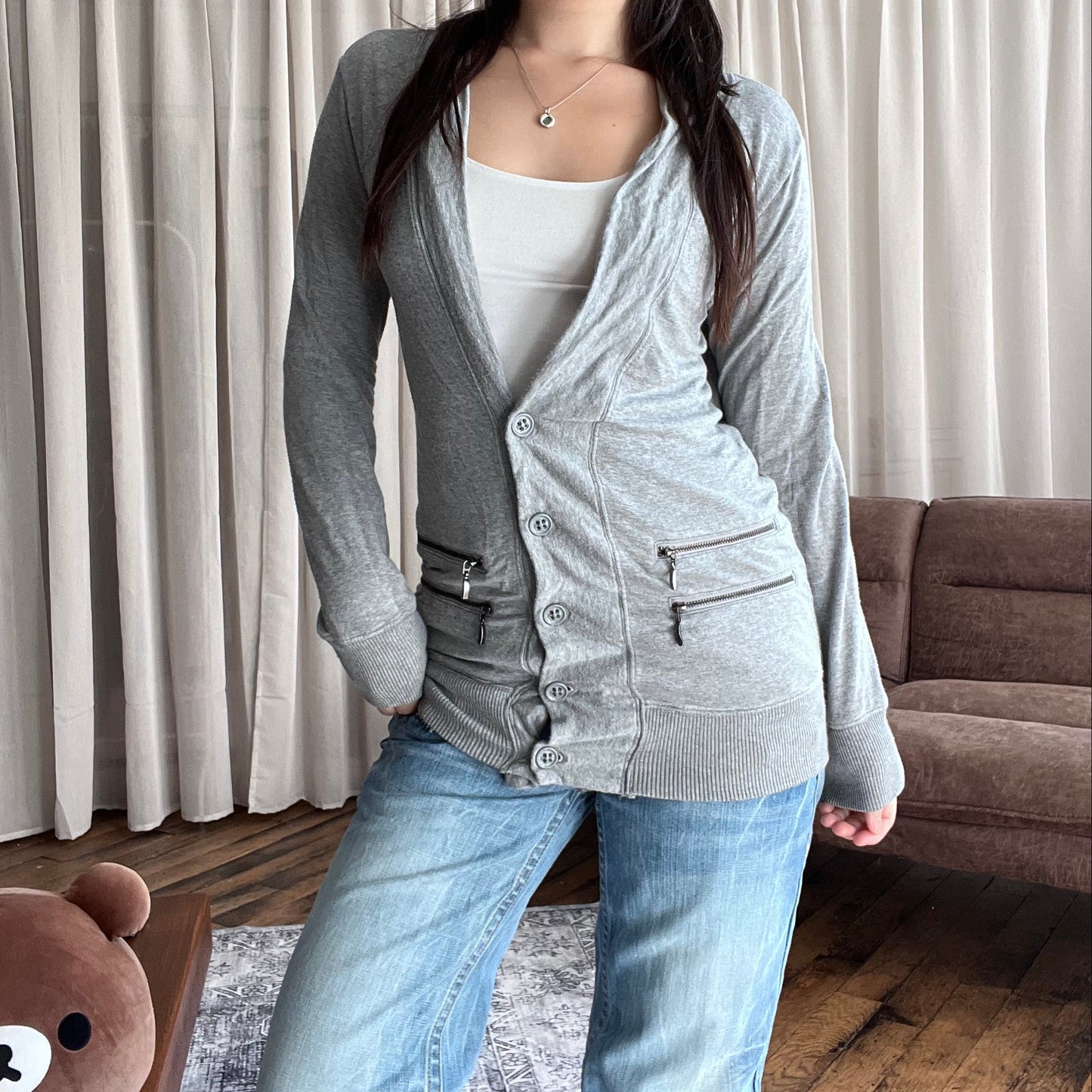 DKNY Grey Dual Zip Embroidered Wings V Neck Cardigan