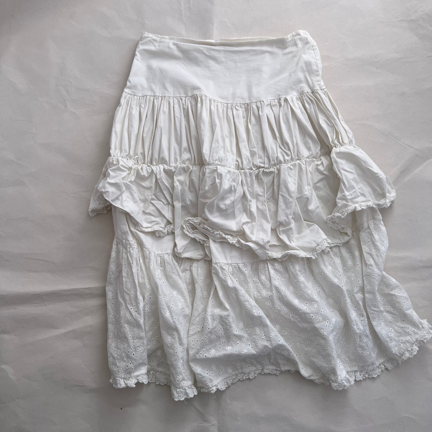 Prairie White Ruched Flared Broderie Anglaise Midi Skirt