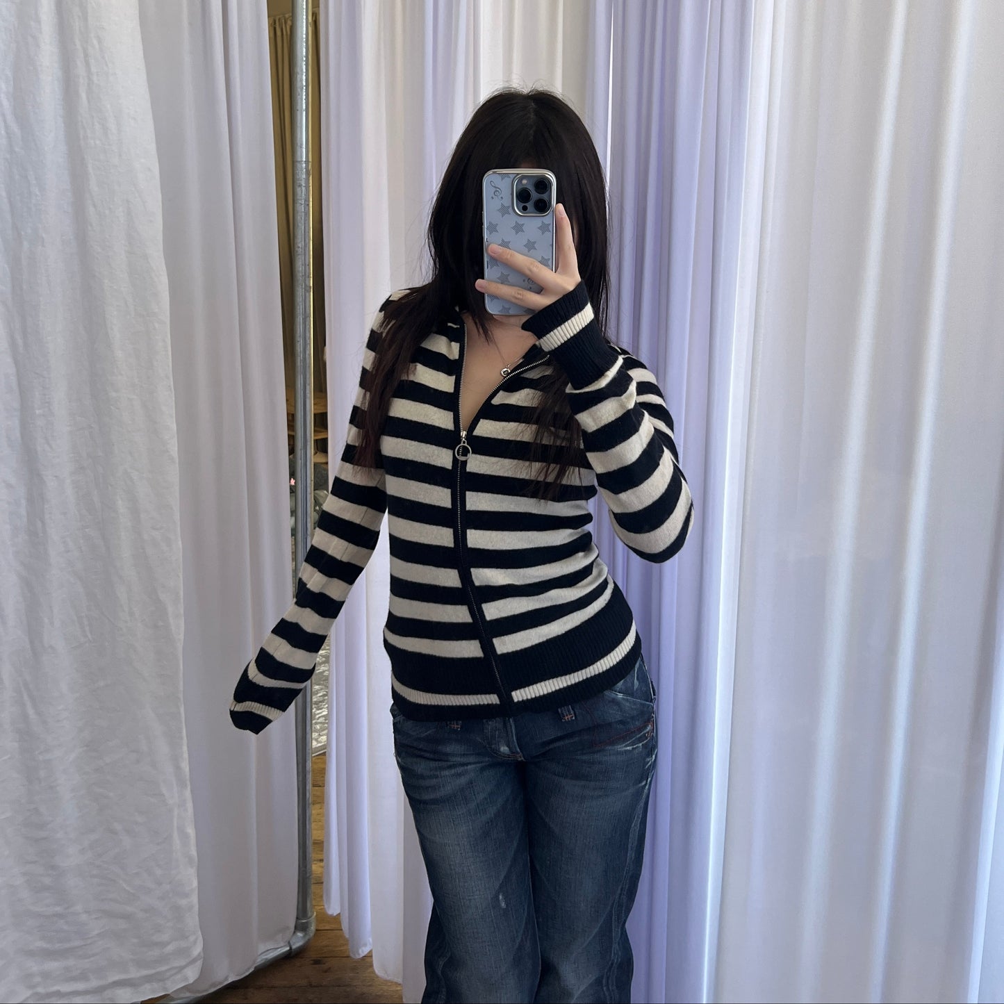 Burberry Label Black White Striped Wool Long Sleeve Fitted Zip Hoodie Cardigan Jacket