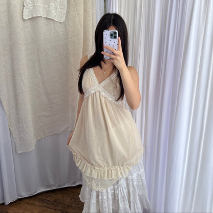 Nadasha Dainty Eurosummer Butter Yellow Ruffle Hem Tulle Crochet Lace Trim Mini Dress