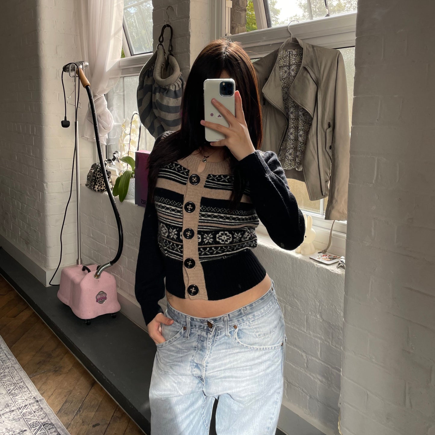 Nanette Lepore 安哥拉混纺黑色米色冬季雪花印花短款开衫