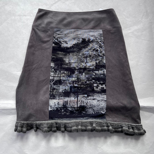 Vintage Quattro Taupe Grey Faux Suede City Graphic Print Striped Knit Ruffle Hem Midi Skirt