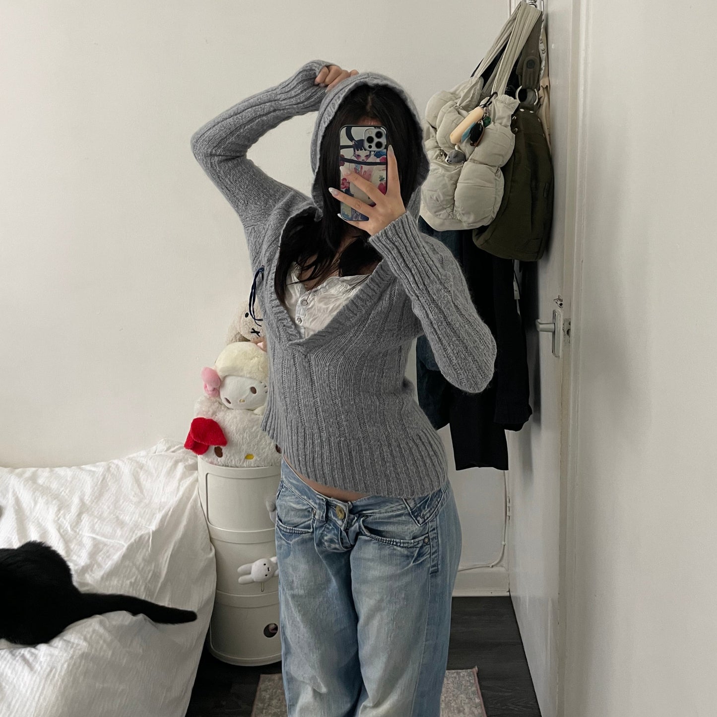 cop copine grey ribbed wool blend milkmaid hooded knit jumper