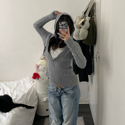 cop copine grey ribbed wool blend milkmaid hooded knit jumper