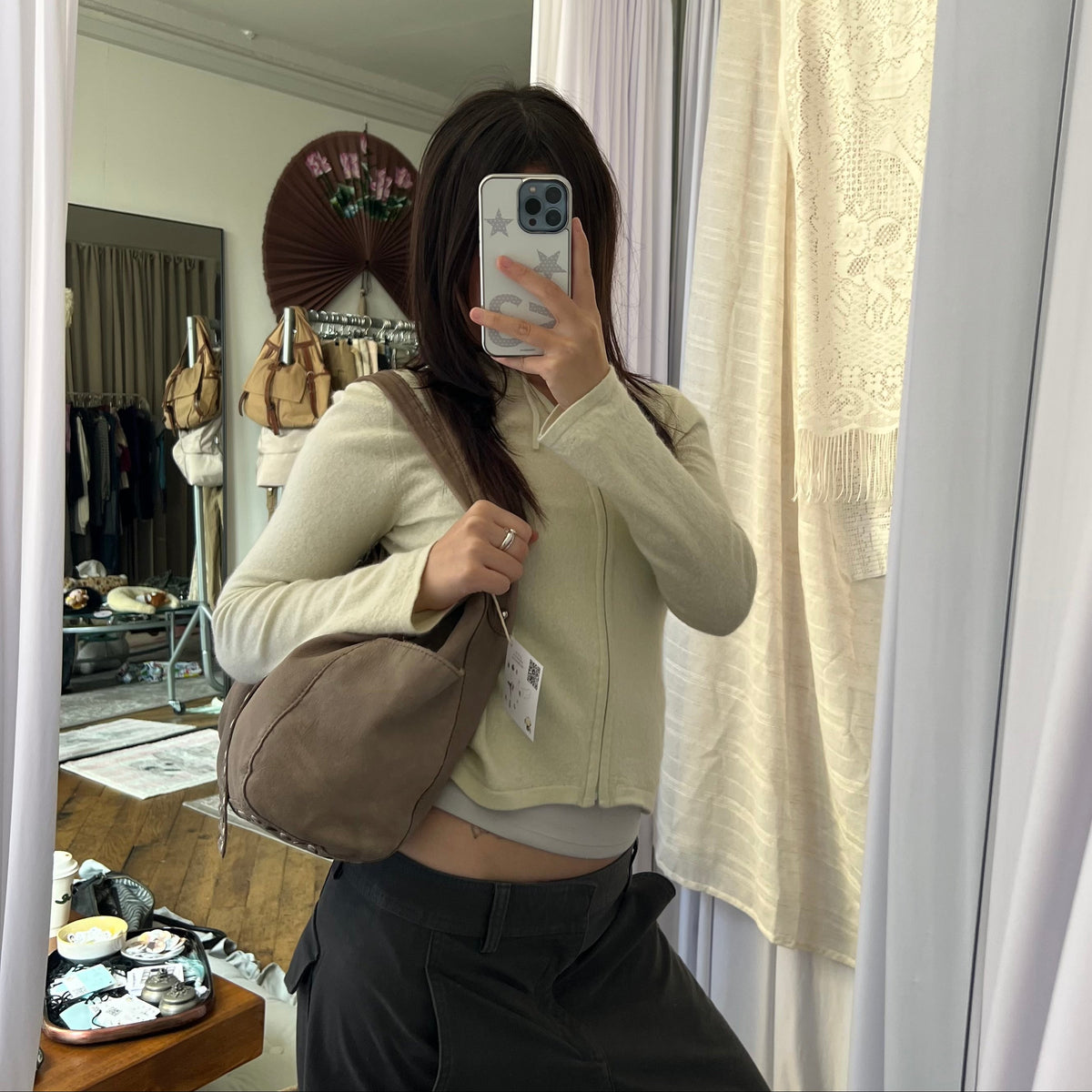 Taupe Brown Leather Studded Fold Over Slouchy Shoulder Bag