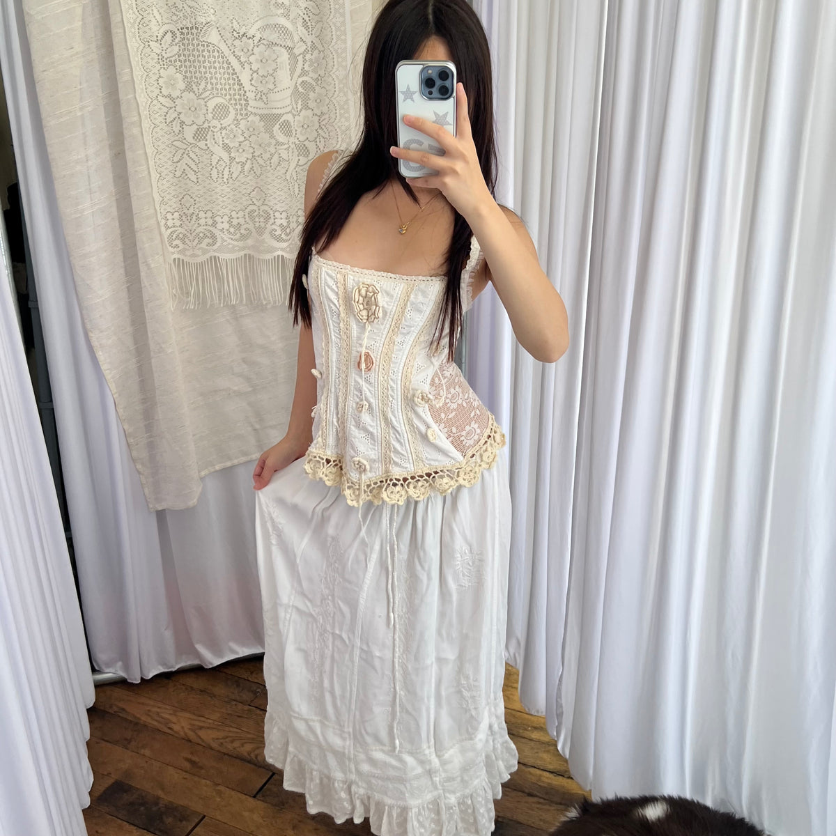 Vintage Coline Eurosummer Embroidery Lace Broderie Anglaise Hem Midi Skirt